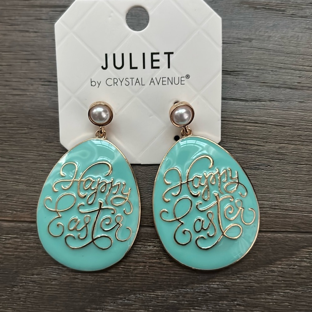 Juliet Easter Egg,Happy Easte,saying imprint drop Earrings,pearl tone stone post